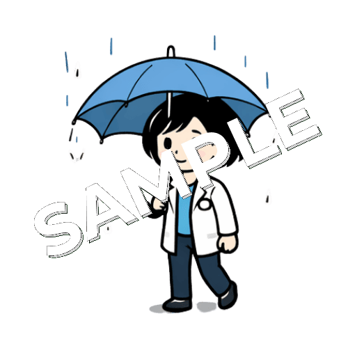 傘をさすボブヘアの女性薬剤師のイラスト