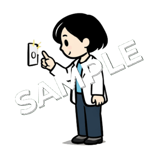 電気をつけるボブヘアの女性薬剤師のイラスト