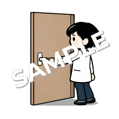 ドアを閉めるボブヘアの女性薬剤師のイラスト