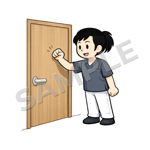 ドアをノックする女性鍼灸師のイラスト