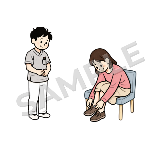 靴を履く女性患者を見守る男性鍼灸師のイラスト