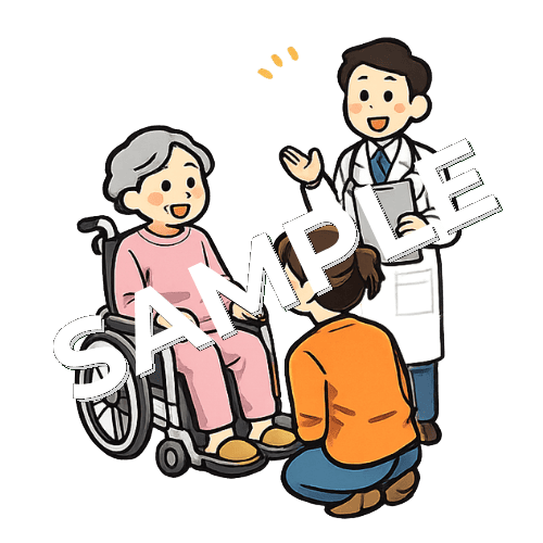 車椅子女性患者と面会に来た娘とドクターのイラスト