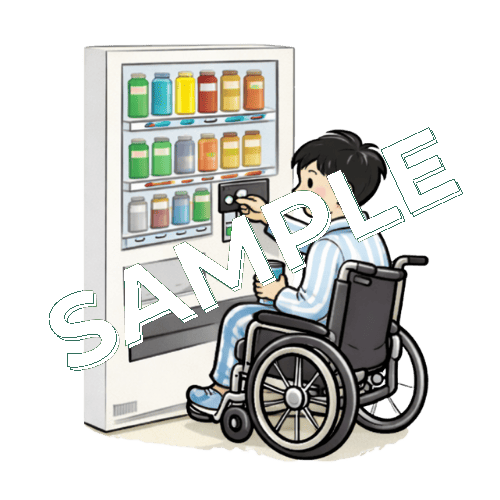 車椅子で自販機に飲み物を買いに行く若い男性患者のイラスト