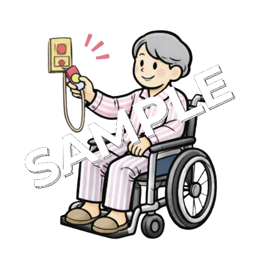 ナースコールを押す車椅子高齢女性患者のイラスト