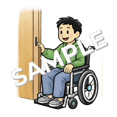 ドアを開ける車椅子男性患者のイラスト
