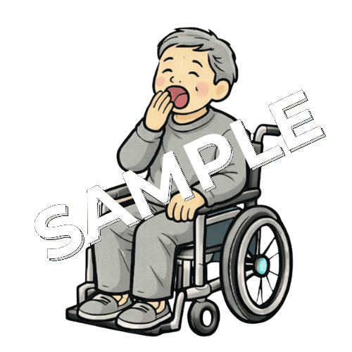 あくびをする車椅子男性患者のイラスト