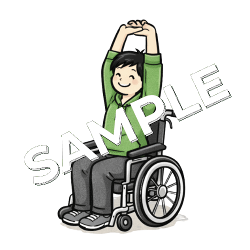 車椅子に座り背伸びする若い男性患者のイラスト