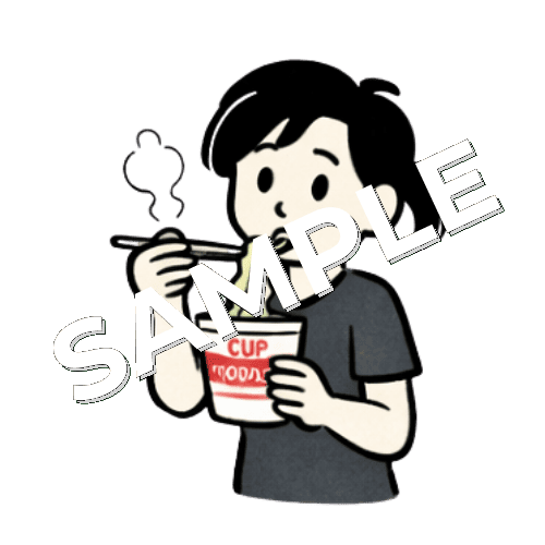 カップ麺を食べる女性鍼灸師のイラスト