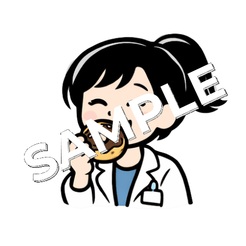 ドーナツを食べる女性薬剤師のイラスト