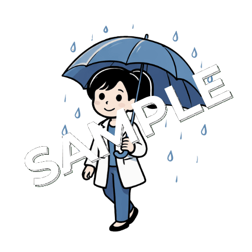 傘をさす女性薬剤師のイラスト