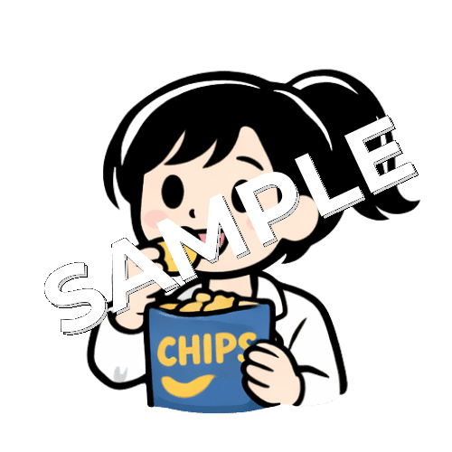 ポテトチップスを食べる女性薬剤師のイラスト