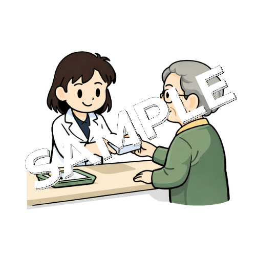 高齢男性に薬を渡す女性薬剤師のイラスト