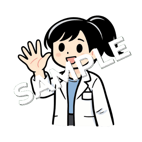 指で5のポーズをする女性薬剤師のイラスト