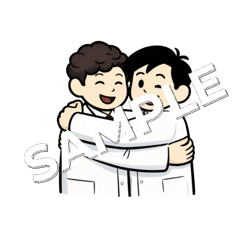 同僚と抱き合う男性薬剤師のイラスト