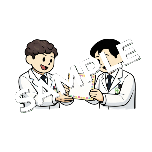 退職する同僚に色紙を渡す男性薬剤師のイラスト