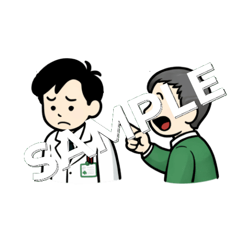 患者にクレームを言われる男性薬剤師のイラスト