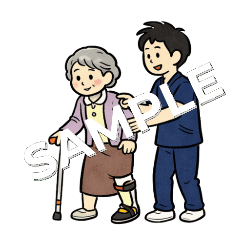 短下肢装具を装着した高齢女性患者の杖歩行訓練を行う男性理学療法士のイラスト