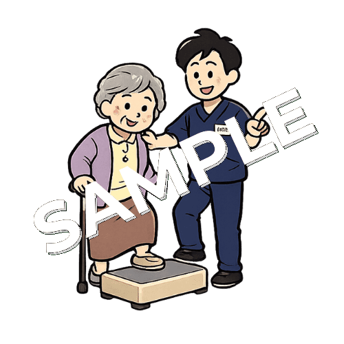 高齢女性患者の段差昇降訓練を行う男性理学療法士のイラスト