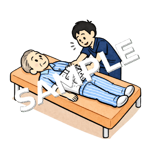 高齢男性患者に硬性コルセットを装着する男性理学療法士のイラスト