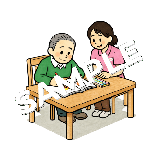 塗り絵をする男性患者と女性作業療法士のイラスト