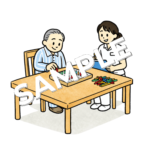ペグ操作をする男性患者と女性作業療法士のイラスト