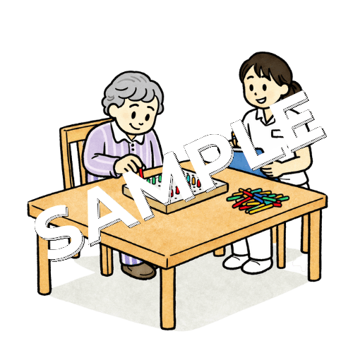 ペグ操作をする女性患者と女性作業療法士のイラスト