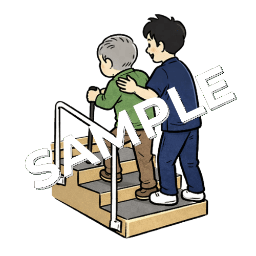 高齢男性患者の階段昇降訓練を行う男性理学療法士のイラスト