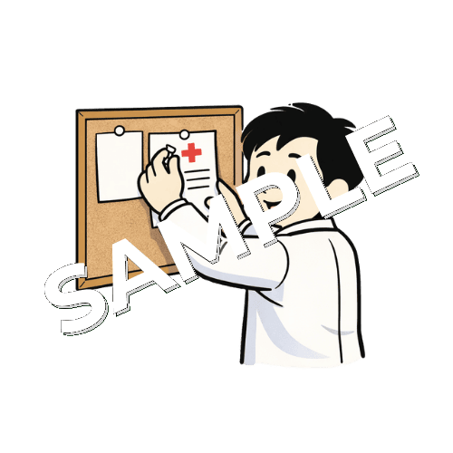 掲示板に張り紙をする男性薬剤師のイラスト