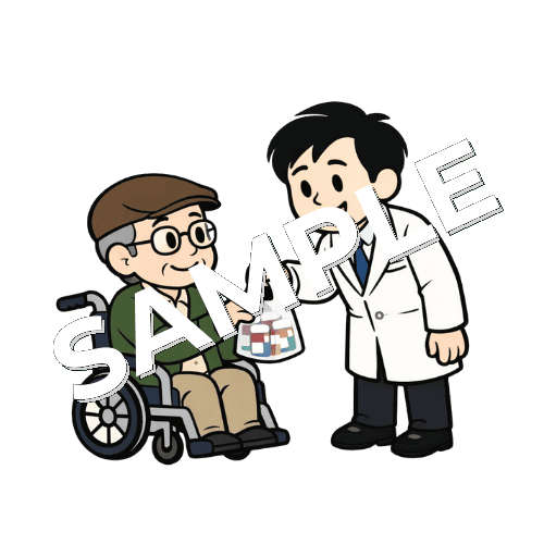 高齢男性患者に薬を渡す男性薬剤師のイラスト