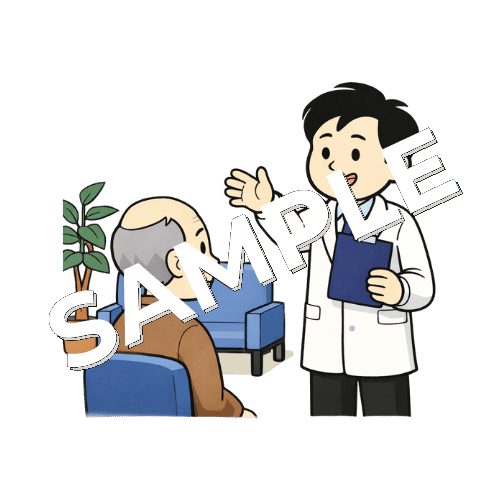 待合室にいる男性患者を呼ぶ男性薬剤師のイラスト