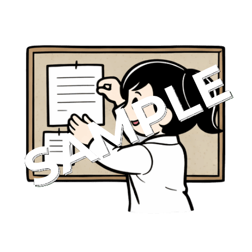 掲示板に紙を貼る女性薬剤師のイラスト
