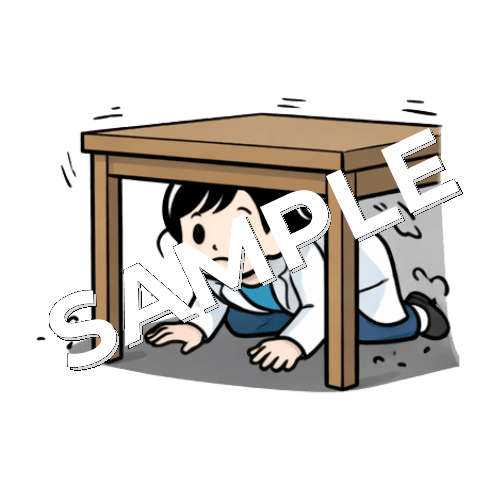 机の下に避難する女性薬剤師のイラスト