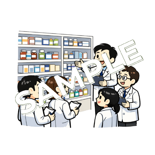 薬棚の説明をする男性薬剤師のイラスト