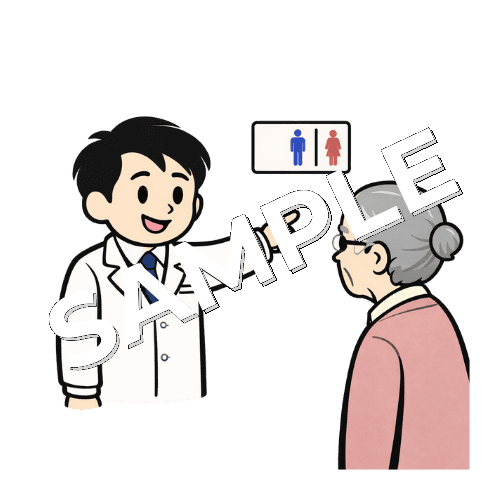高齢女性患者にトイレの場所を案内する男性薬剤師のイラスト