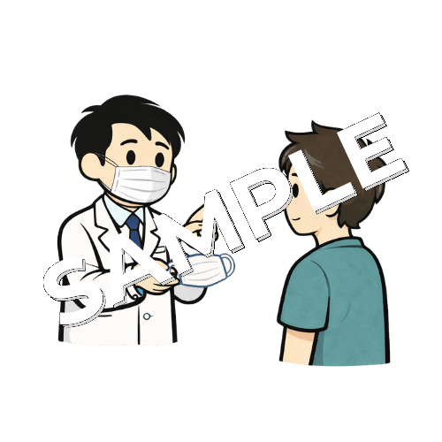 男性患者にマスク着用を促す男性薬剤師のイラスト