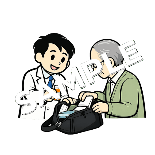 高齢男性患者の荷物の整理整頓を手伝う男性薬剤師のイラスト