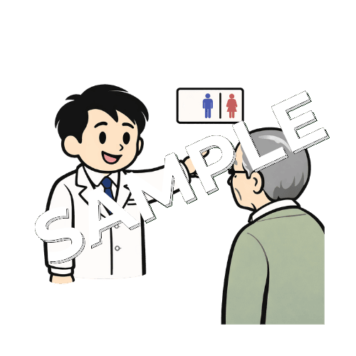 高齢男性患者にトイレの場所を案内する男性薬剤師のイラスト