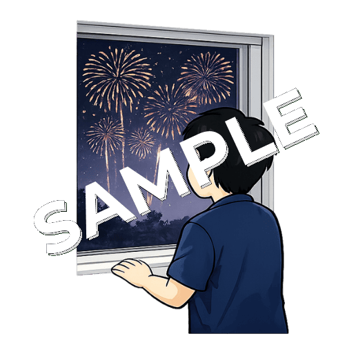 窓から花火を見る男性鍼灸師のイラスト