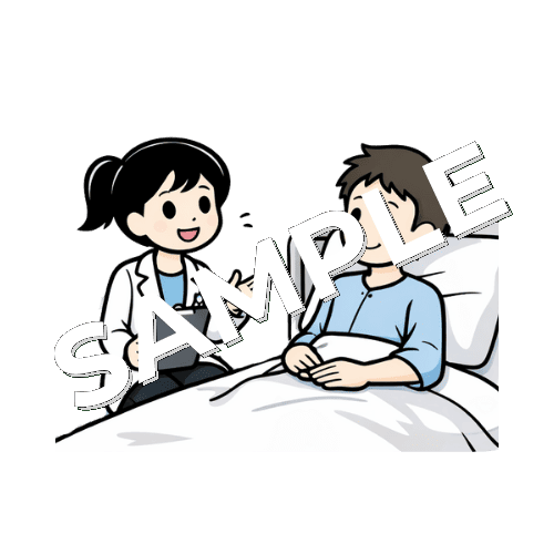ベッド横で患者に服薬指導をする女性薬剤師のイラスト