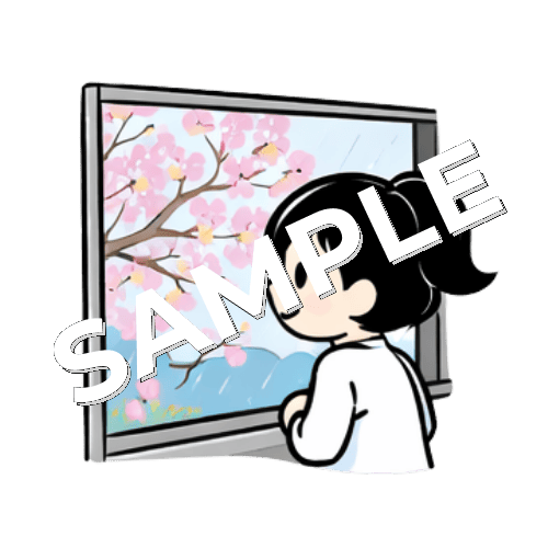 窓から桜を見る女性薬剤師のイラスト