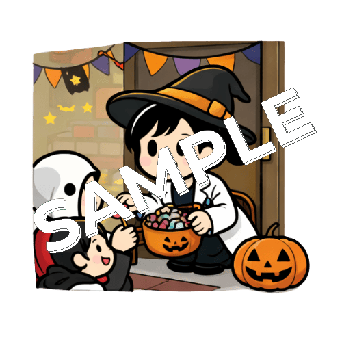 ハロウィンで子供にお菓子を配る女性薬剤師のイラスト