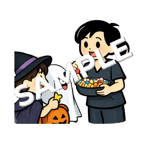 ハロウィンで子供にお菓子を配る女性鍼灸師のイラスト