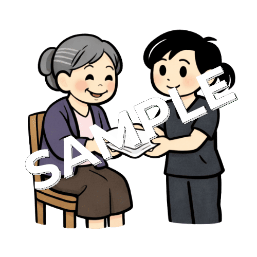 高齢患者にタオルを渡す女性鍼灸師のイラスト