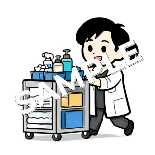 備品カートを運ぶ女性薬剤師のイラスト