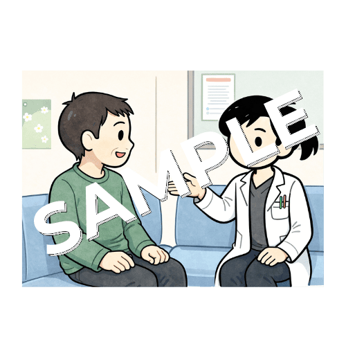 待合室で患者と談笑する女性薬剤師のイラスト