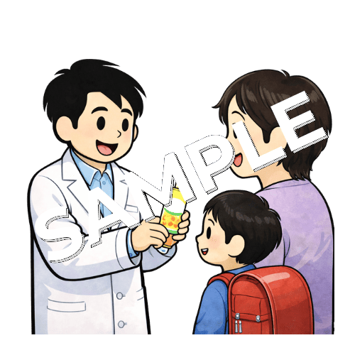 ランドセルを背負った子どもと母親患者にゼリーを渡す男性薬剤師のイラスト