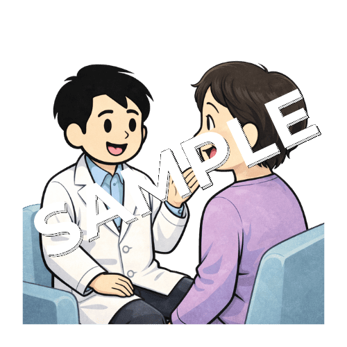 待合室で女性患者と談笑する男性薬剤師のイラスト