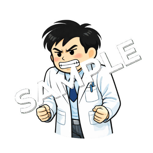 歯を食いしばる男性薬剤師のイラスト