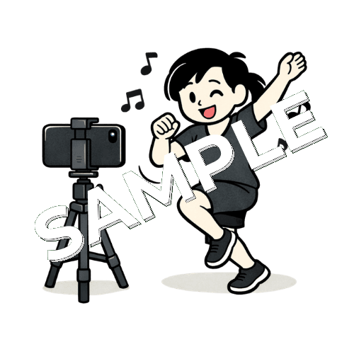 スマホでダンスの撮影をする女性鍼灸師のイラスト