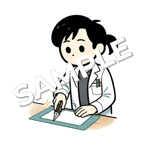 カッターで紙を切る女性薬剤師のイラスト